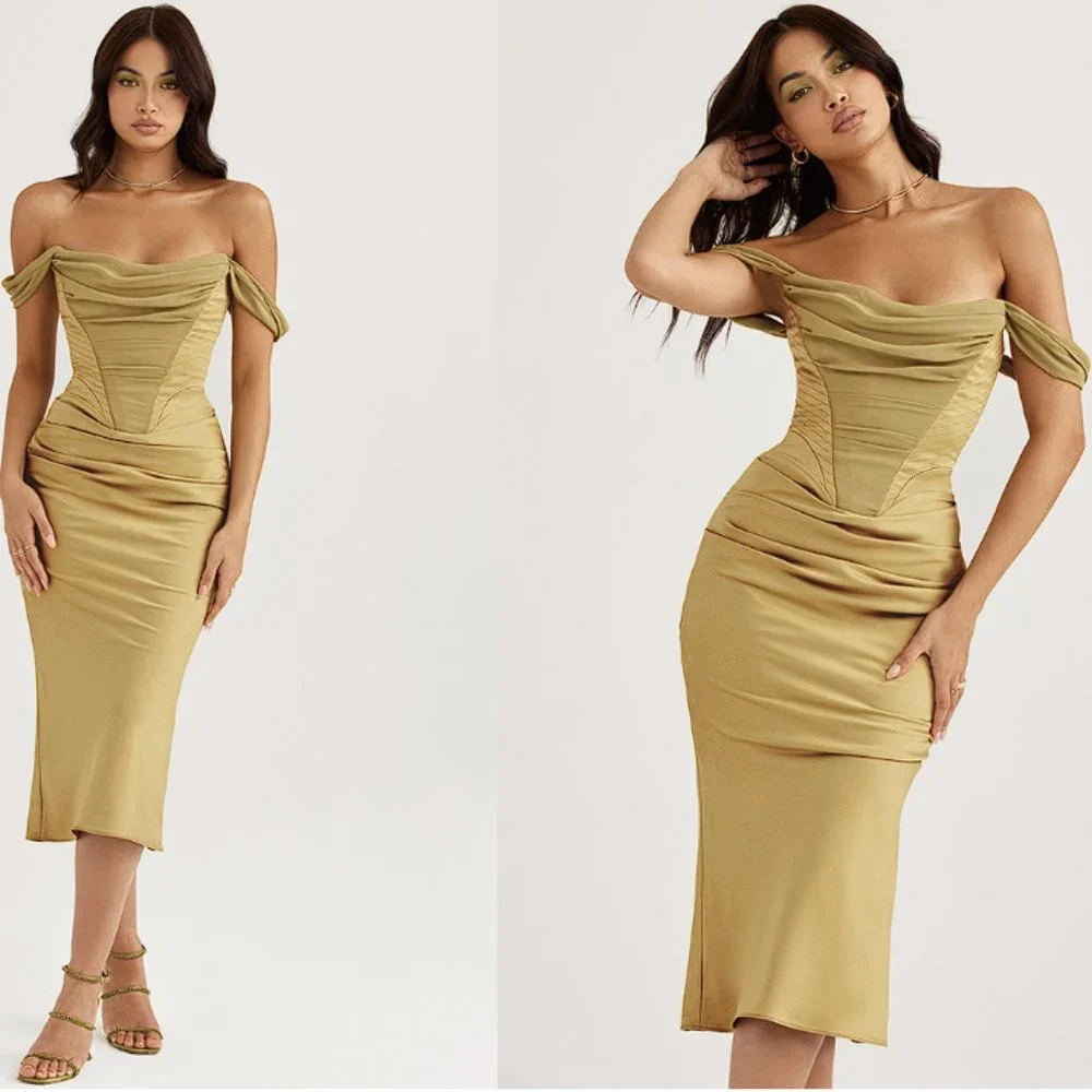 House of CB 'Natalya' Olive Satin Corset Midi Dress NWOT - Picture 3 of 12